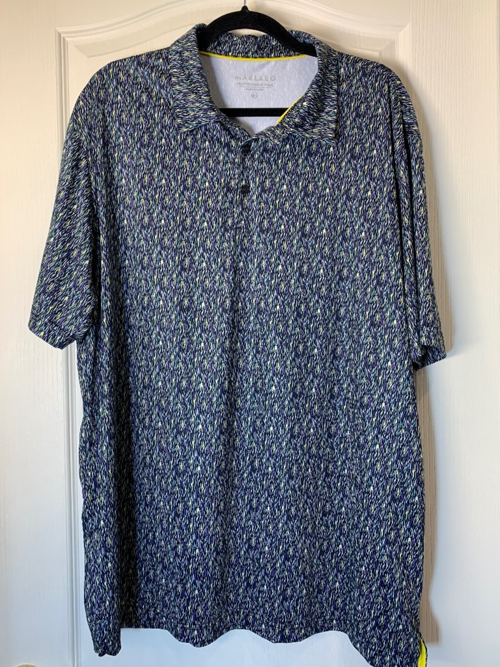 Maelreg‎ Performance Golf Polo 2XL | Black Purple Yellow Abstract Print Shirt